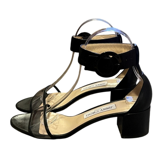Jimmy Choo 7 Jaimie Leather Sandals Transparent PVC Strap Low Block Heels Black - Picture 3 of 9